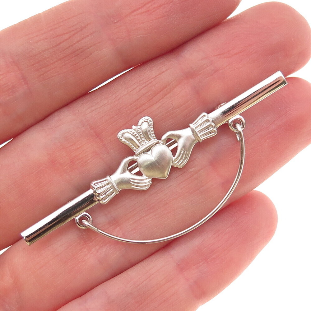Beau 925 Sterling Silver Vintage Irish Claddagh Charm Holder Pin Brooch